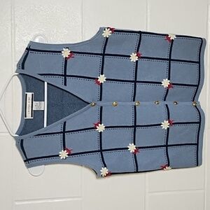 Crystal Kobe 100% Cotton Knit Sweater Vest Denim Blue Navy Gold Buttons